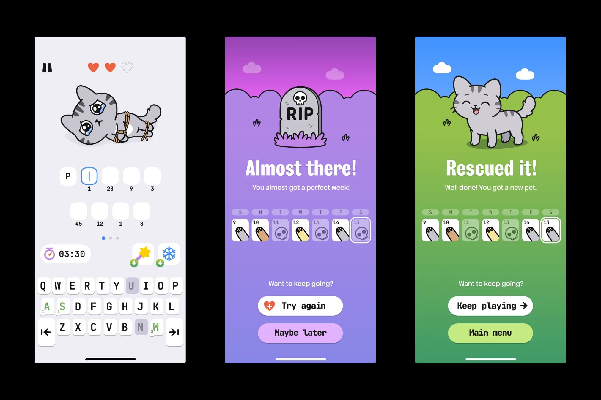 Meow game screens showing gameplay, a near-win streak, and a rescued pet reward